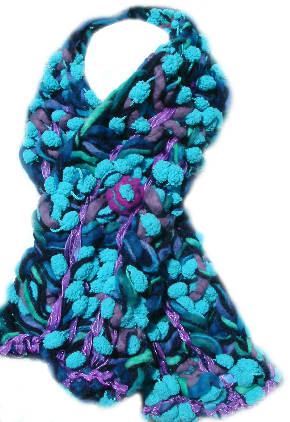 Blue And Purple Textured Scarflette Scarf With Embellished Felt Brooch